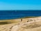 Aerial shot over West Neck Beach on Long Island in the suburb of Lloyd Harbor New York on sunny day