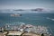 Aerial shot of a pier at San Francisco Bay and Alcatraz Island in California, USA