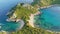 Aerial shot of Porto Timoni beach on Corfu Island, Greece. Beach and lagoon with turquoise water, nature of