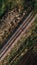 Aerial shot of railroad track running through cultivated countryside landscape in spring, high angle view