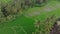 Aerial shot of rice fields and houses surrounding a walkway in a center of the Ubud village on a Bali island. Travell to