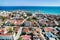 Aerial shot rooftops houses and Mediterranean Sea view