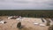 Aerial shot sand beach near forest with beanbags and sports ground in summertime