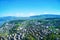 Aerial shot of scenic townscape under blue sky. Zurich, Switzerland, traveling in city and town