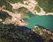 Aerial shot of seaside, cliffs, and trees