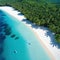 Aerial shot of a secluded tropical beach with crystal clear palm and a couple of beach Perfect for advertising a