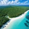 Aerial shot of a secluded tropical beach with crystal clear palm and a couple of beach Perfect for advertising a