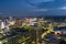 aerial shot of skyscrapers, hotels, office buildings in the city skyline at sunset with the SkyView Atlanta Ferris wheel