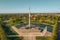 Aerial shot of the Soviet Victory Monument under the sunlight in Riga, Latvia