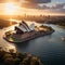 An aerial shot of the Sydney Opera House in Australia, with its distinctive sail-like roofs visibl