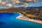 Aerial shot of Tuerredda beach on a beautiful day, Sardinia, Italy. Aerial drone view of Tuerredda in Sardegna. Famous Tuerredda