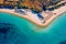 Aerial shot of Tuerredda beach on a beautiful day, Sardinia, Italy. Aerial drone view of Tuerredda in Sardegna. Famous Tuerredda