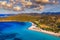 Aerial shot of Tuerredda beach on a beautiful day, Sardinia, Italy. Aerial drone view of Tuerredda in Sardegna. Famous Tuerredda