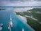 Aerial shot of Turks and Caicos marina sailboat and inlet