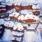 Aerial shot of typical Chalet in Val Thorens, famous ski resort city in French Alps