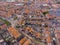 Aerial Shot of the typical Dutch houses in Volendam showing the typical lines of homes and street with harbor. Volendam