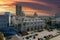 Aerial shot the United States Post Office Terminal Annex building on Alameda Street surrounded by office buildings, parked cars