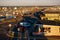 Aerial shot of the Westport city full of boats and cars at sunset, Washington, Grays Harbor