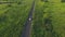 Aerial shot of white convertible car riding through empty rural road. Four young unrecognizable women travelling at