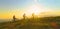 AERIAL SILHOUETTE: Fit tourists riding bicycles along a grassy path on sunny day