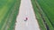 Aerial slow motion: drone tracking man running alone on countryside road crossing cultivated fields, outdoor activities fitness we