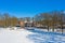 Aerial from snowy castle De Schaffelaar in Barneveld in winter in the Netherlands