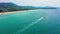 Aerial: Speed boats racing on Andaman sea near Karon beach, Phuket, Thailand
