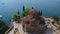 Aerial of St John Kaneo Orthodox Church on Cliff Over Ohrid Lake, Macedonia