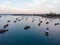 Aerial. Stone town, Zanzibar, Tanzania. Flock of Show Ships near the Zanzibar Coastline in Stone Town on Blue