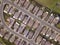 Aerial straight down view of streets and houses, many with solar panels in Folsom, California