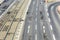 Aerial of streetcar rails and road markings in Cologne