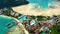 AERIAL Stunning shot of tropical island harbor on a refreshing tranquil morning. Moored boats and ferries wait for crowds of