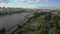 Aerial summer cityscape of Moscow with river, park and bridge