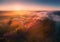 Aerial summer landscape with colorful fog in morning sunlight. River with most early in the morning.