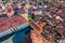 Aerial summer view of Altemberger House - Sibiu History Museum. Aerial cityscape of Sibiu town. Impressive morning scene of Transy