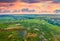 Aerial summer view of flooded valley. Amazing landscape of snake shape Seret river