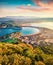 Aerial summer view of Voidokilia beach from Navarino Castle. Splendid sunrise on Ionian Sea, Pylos town location, Peloponnese, Gre