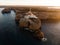 Aerial sunrise panorama of Cabo de Sao Vicente Cape St Vincent mediterranean Algarve cliff atlantic coast beach Sagres