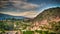 Aerial sunrise panoramic view to Colca river and Sabancaya mountain, Chivay, Peru