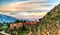 Aerial sunrise panoramic view to Colca river and Sabancaya mountain, Chivay, Peru