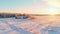 Aerial Sunrise Scene In Snowy Summer Landscape With Two Houses And Cabins