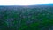 Aerial sunrise view of a blossoming of fruit trees in a field. Peach and apple trees