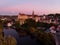 Aerial sunset panorama of medieval fortress castle Schloss Sigmaringen at Danube river in Baden-Wuerttemberg Germany