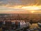 Aerial sunset view of the amazing old town and rivers of Gdansk with ships