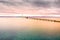 Aerial sunset view of the beautiful Mackinaw Bridge. The largest suspended bridge in America