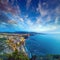 Aerial sunset view of coastline Sorrento and Gulf of Naples, Italy