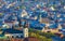 Aerial sunset view of historical old city district with churches, cathedrals and houses roofs in Lviv, Ukraine