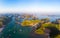 Aerial sunset view of Lan Ha bay and Cat Ba island, Vietnam, unique limestone rock islands and karst formation peaks in the sea,