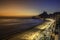 Aerial sunset view with light leaks on Ipanema Beach in Rio de Janeiro