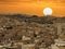 Aerial sunset view panorama of the Fez el Bali medina Morocco. Fes el Bali was founded as the capital of the Idrisid dynasty